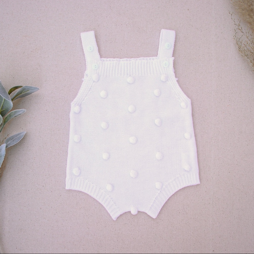 Pom Pom Knit Romper In White
